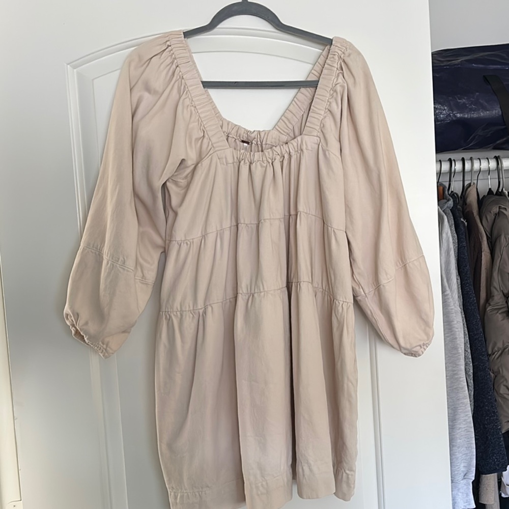 Free People Cream Mini Dress with Puff Sleeves